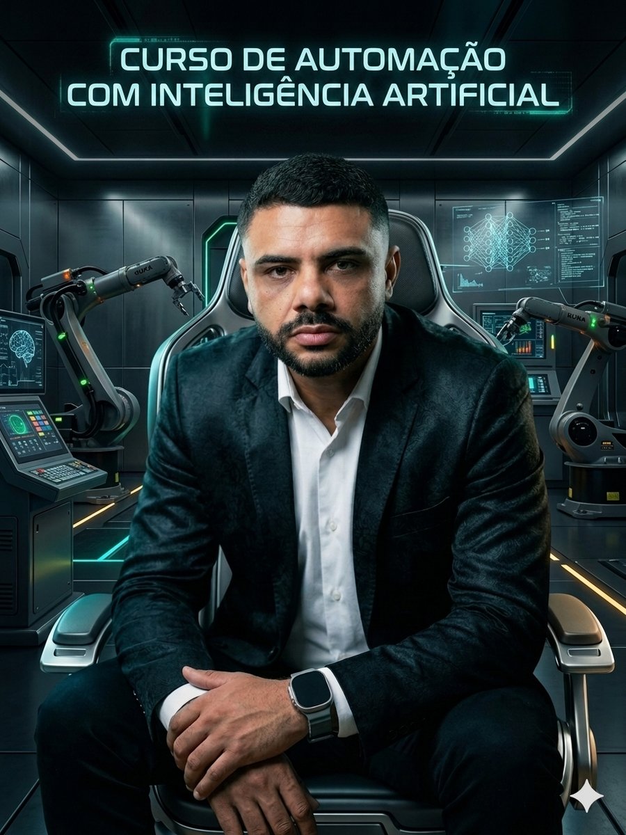 Professor Samuel em um centro de comando futurista de automação industrial, cercado por braços robóticos e painéis de IA. Título: Curso de Automação com Inteligência Artificial