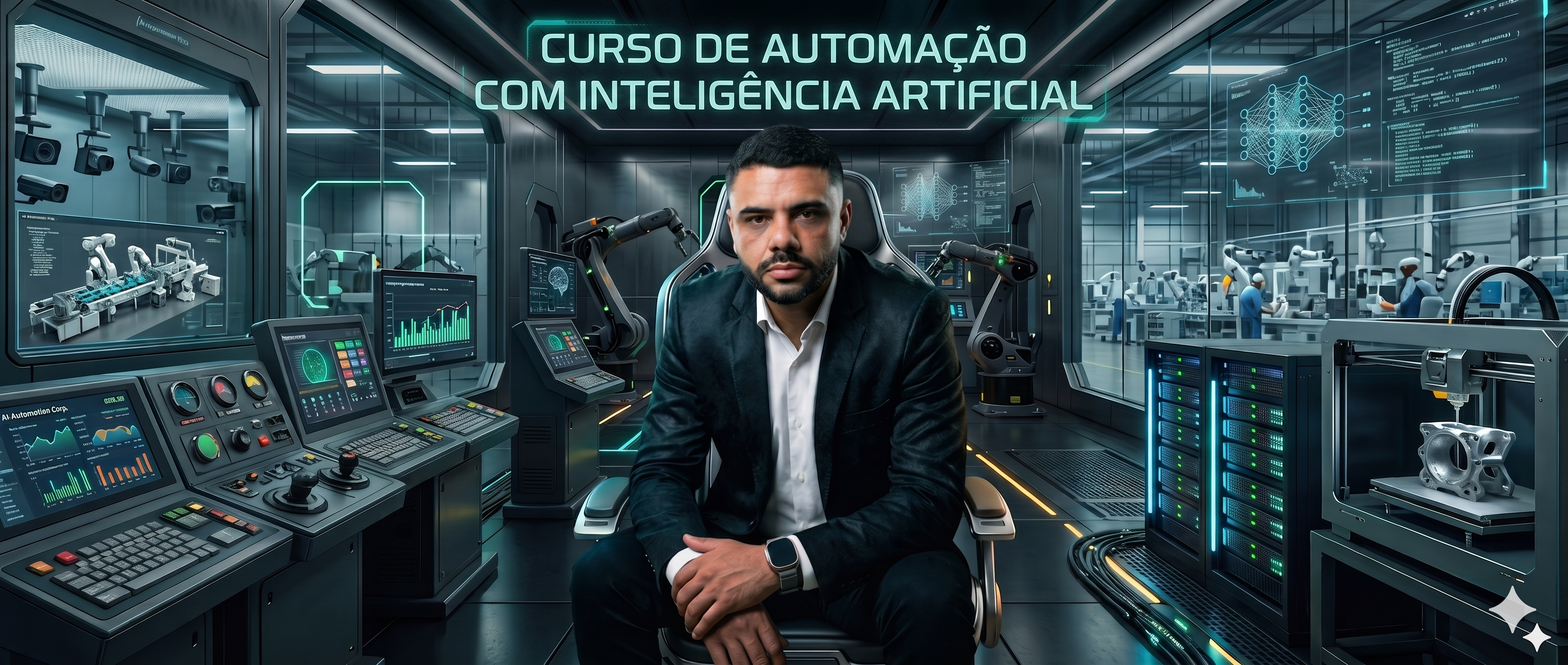 Professor Samuel em um centro de comando futurista de automação industrial, cercado por braços robóticos, servidores e painéis de performance de IA. Título: Curso de Automação com Inteligência Artificial